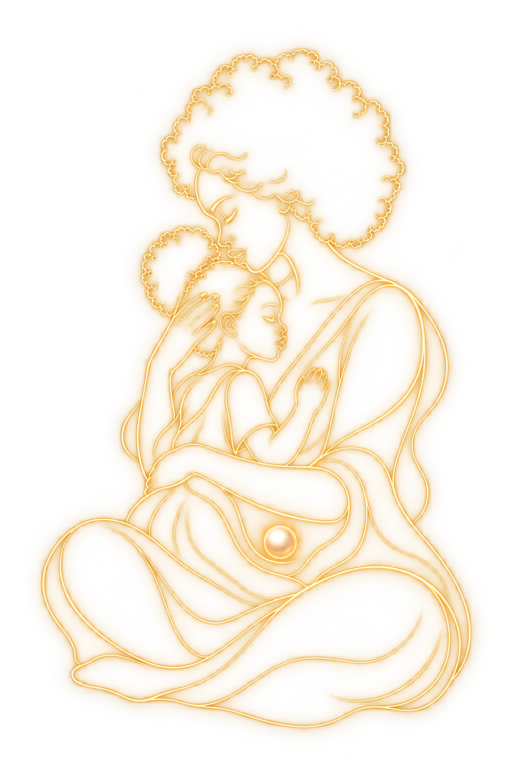 A gold outline of a Black woman with natural hair tenderly embracing her younger self, with a warm light at her womb.